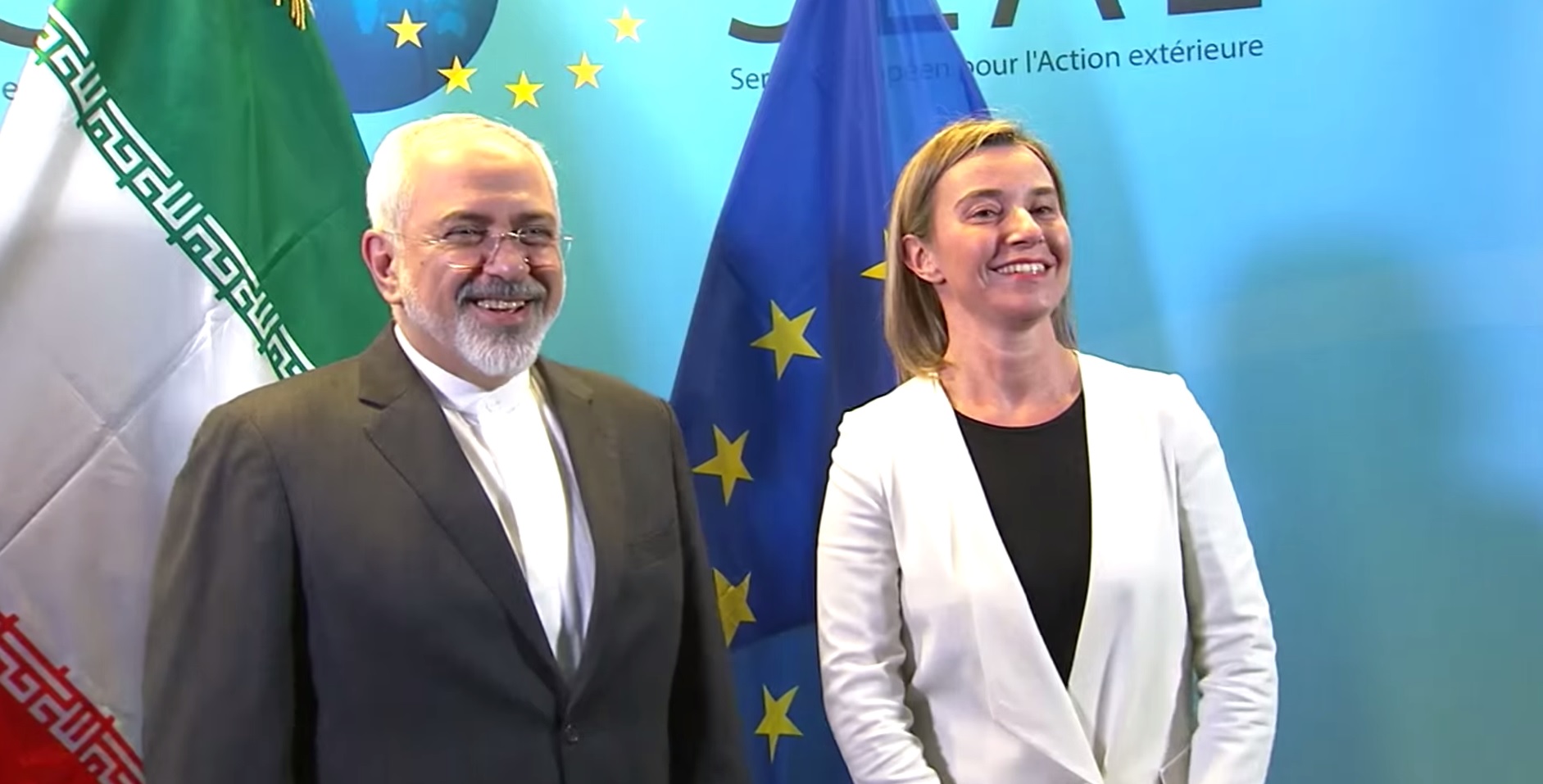 שר החוץ זריף ופדריקה מוגריני, הנציבה העליונה של האיחוד האירופי לענייני חוץ ובטחון (צילום מסך: יוטיוב)