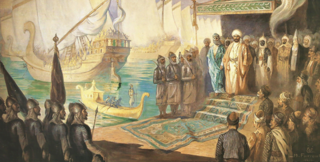 מועאוויה, בציור של האמן הלבנוני Moustafa Farroukh (מתוך ויקימדיה, נחלת הכלל)